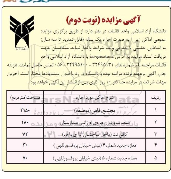 مزایده اجاره اماکن  - نوبت دوم