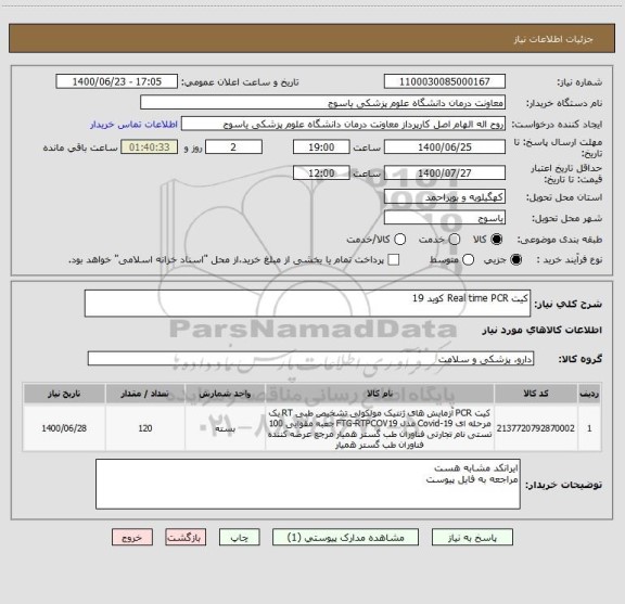 استعلام کیت Real time PCR کوید 19 