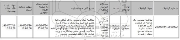 مناقصه عمومی یک مرحله ای عملیات تأمین مصالح و احداث سایت پسماند مجتمع طلای زرشوران