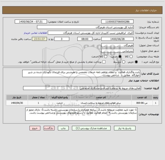 استعلام بابت واگذاری فعالیت  و انعقاد تفاهم نامه خدمات تخصصی و معیشتی برای فرزندان نگهداری شده در شیر خوارگاه  مطابق با  شاخص پیوست