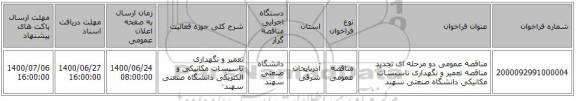 مناقصه عمومی دو مرحله ای تجدید مناقصه تعمیر و نگهداری تاسیسات مکانیکی دانشگاه صنعتی سهند