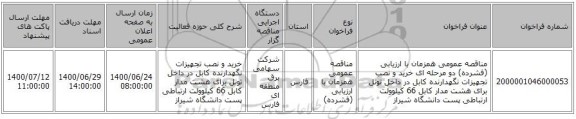 مناقصه عمومی همزمان با ارزیابی (فشرده) دو مرحله ای خرید و نصب تجهیزات نگهدارنده کابل در داخل تونل برای هشت مدار کابل 66 کیلوولت ارتباطی پست دانشگاه شیراز 