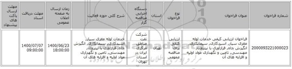 فراخوان ارزیابی کیفی خدمات لوله مغزی سیار, اسیدکاری, سیمانکاری, انگیزش چاه, فرازآوری با نیتروژن, مهندسی, تامین و نگهداری مواد اولیه و افزایه های آن