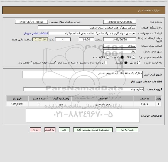 استعلام حفاری یک حلقه چاه  آب به روش دستی 