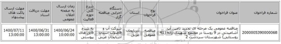 مناقصه عمومی یک مرحله ای تجدید تامین آب آشامیدنی در 9 روستا در مجتمع شهیدان ژاله (41 روستایی) شهرستان سردشت 2 