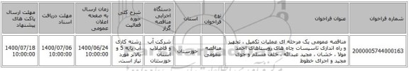 مناقصه عمومی یک مرحله ای عملیات تکمیل ، تجهیز و راه اندازی تاسیسات چاه های روستاهای احمد مولا ، خشان ، مجید عبدالله ، خلف مسلم و جوی مجید و اجرای خطوط