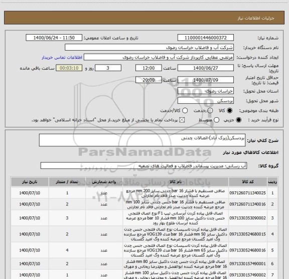 استعلام بردسکن(زیرک آباد)-اتصالات چدنی