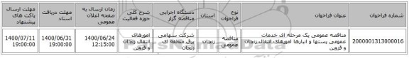 مناقصه عمومی یک مرحله ای خدمات عمومی پستها و انبارها امورهای انتقال زنجان و قزوین