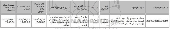 مناقصه عمومی یک مرحله ای احداث دیوار ساحلی طرفین کانال و پوشش بتنی مسیل فاضلاب میرآباد