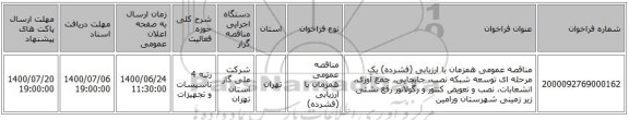 مناقصه عمومی همزمان با ارزیابی (فشرده) یک مرحله ای توسعه شبکه نصب، جابجایی، جمع آوری، انشعابات، نصب و تعویض کنتور و رگولاتور رفع نشتی زیر زمینی شهرستان ورامین