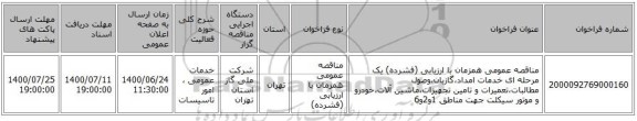 مناقصه عمومی همزمان با ارزیابی (فشرده) یک مرحله ای خدمات امداد،گازبان،وصول مطالبات،تعمیرات و تامین تجهیزات،ماشین آلات،خودرو و موتور سیکلت جهت مناطق 1و2و6