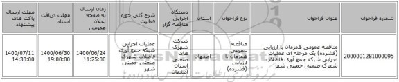 مناقصه عمومی همزمان با ارزیابی (فشرده) یک مرحله ای عملیات اجرایی شبکه جمع آوری فاضلاب شهرک صنعتی خمینی شهر