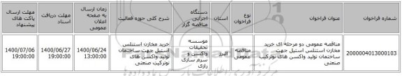 مناقصه عمومی دو مرحله ای خرید مخازن استنلس استیل جهت  ساختمان تولید واکسن های نوترکیب صنعتی 