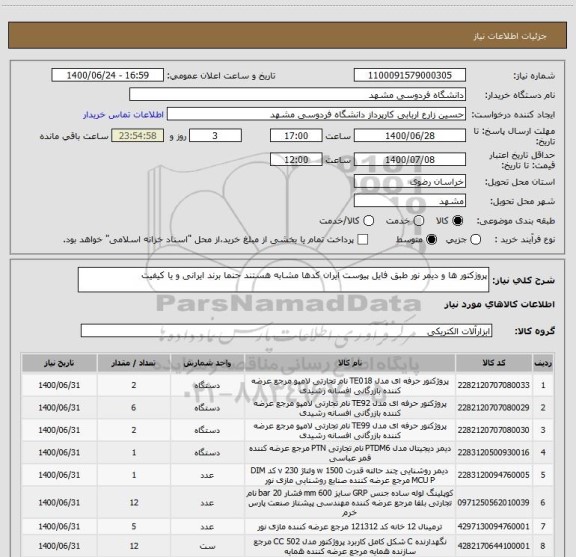استعلام پروژکتور ها و دیمر نور طبق فایل پیوست ایران کدها مشابه هستند حنما برند ایرانی و یا کیفیت 