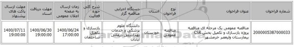 مناقصه عمومی یک مرحله ای مناقصه پروژه بازسازی و تکمیل بخش CSR بیمارستان ولیعصر خرمشهر