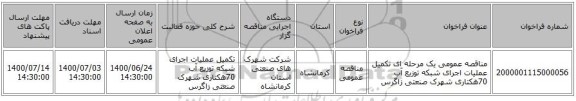 مناقصه عمومی یک مرحله ای تکمیل عملیات اجرای شبکه توزیع آب 70هکتاری شهرک صنعتی زاگرس