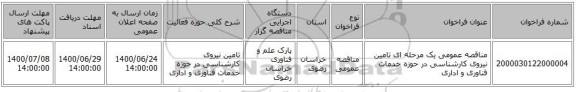 مناقصه عمومی یک مرحله ای تامین نیروی کارشناسی در حوزه خدمات فناوری و اداری 