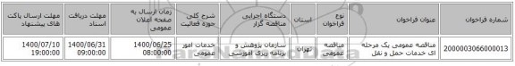مناقصه عمومی یک مرحله ای خدمات حمل و نقل