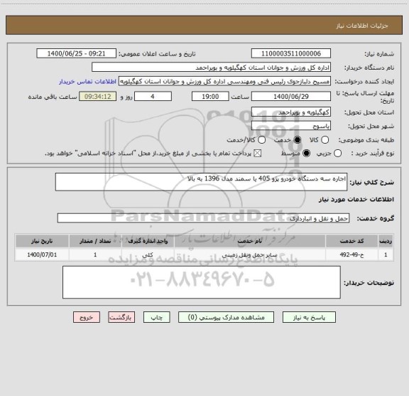 استعلام اجاره سه دستگاه خودرو پژو 405 یا سمند مدل 1396 به بالا