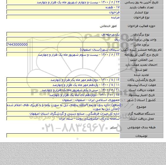 (منافع) اجاره بدون ودیعه ۹ماهه بناهای ذیل به صورت یکجا و با کاربری های اعلام شده (اماکن ذیل به صورت