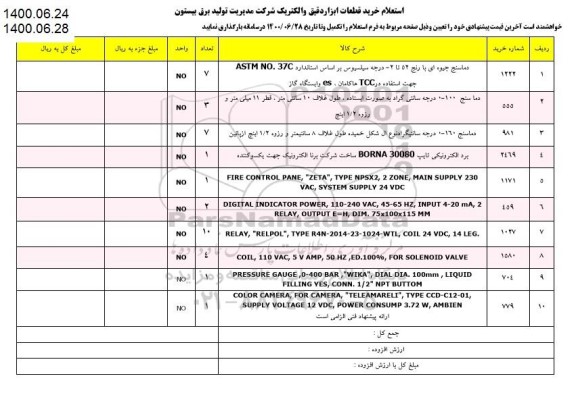 استعلام، استعلام خرید قطعات ابزار دقیق و الکتریک 