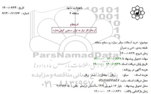 استعلام، استعلام خرید آسفالت معابر سواره رو سطح منطقه