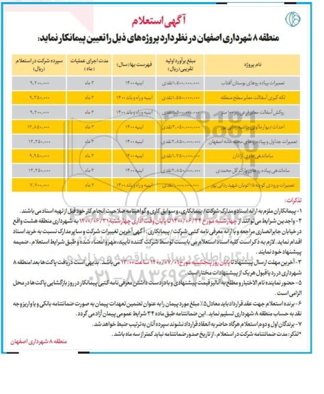 استعلام تعمیرات پیاده روهای بوستان آفتاب و...