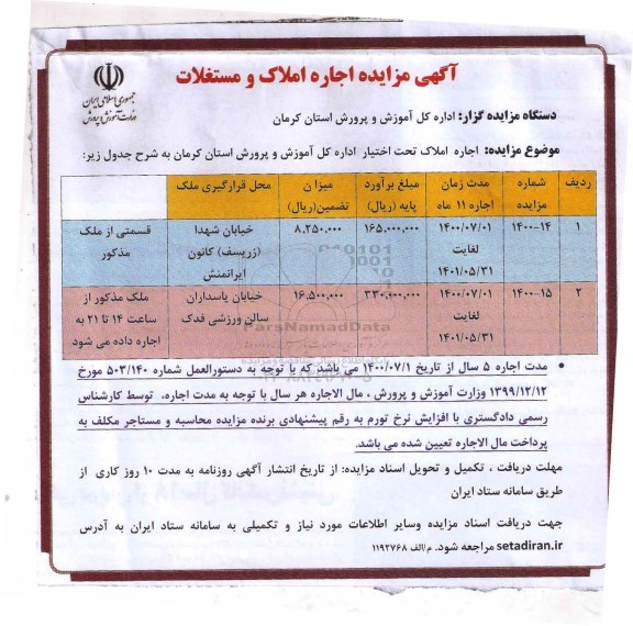 مزایده اجاره املاک و مستغلات