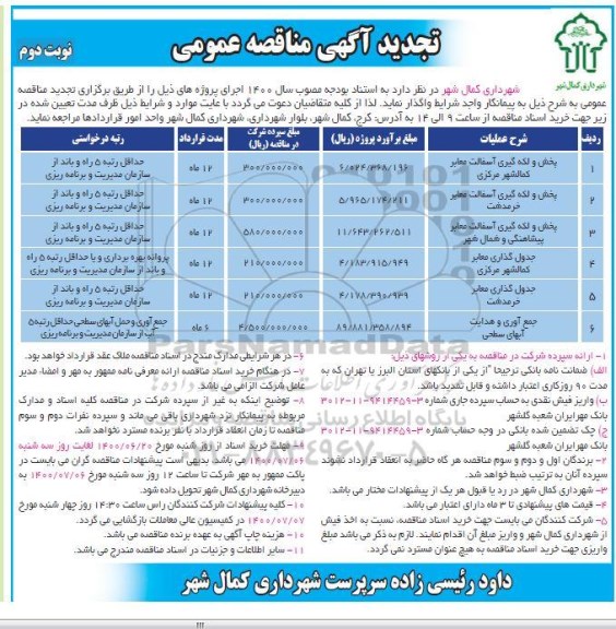 تجدید مناقصه پخش و لکه گیری آسفالت معابر ... - نوبت دوم