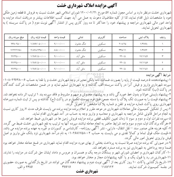 مزایده مزایده فروش 5 قطعه زمین کاربری مسکونی
