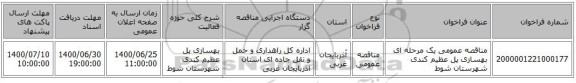 مناقصه عمومی یک مرحله ای بهسازی پل عظیم کندی شهرستان شوط   