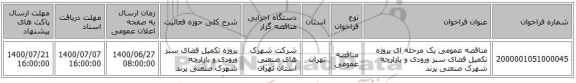 مناقصه عمومی یک مرحله ای پروژه تکمیل فضای سبز ورودی و بازارچه شهرک صنعتی پرند