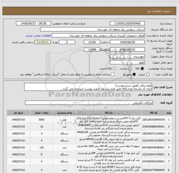 استعلام لوازم برقی (طبق شرح پیوست)
ایران کد مشابه بوده وکالا طبق فرم پیشنهاد قیمت پیوست خریداری می گردد .