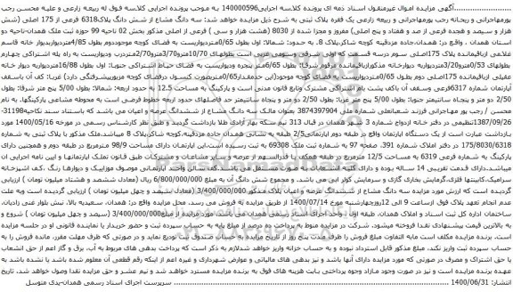 آگهی مزایده سه دانگ مشاع از شش دانگ پلاک6318 فرعی از 175 اصلی