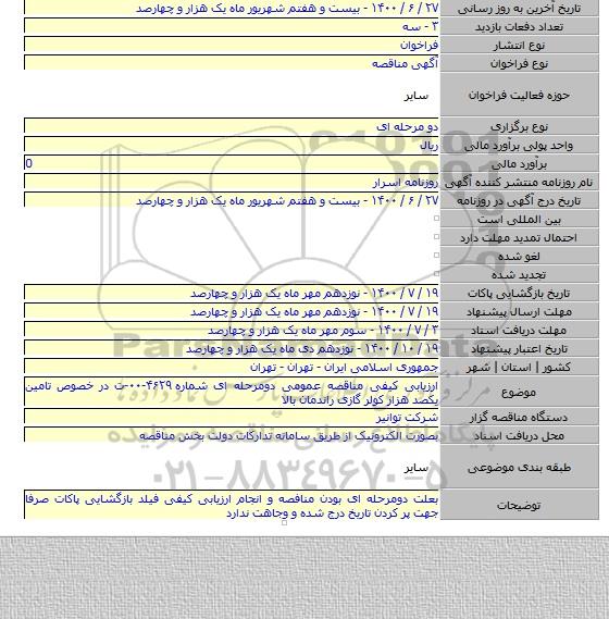 ارزیابی کیفی مناقصه عمومی دومرحله ای شماره ۴۶۲۹-۰۰-ت در خصوص تامین یکصد هزار کولر گازی راندمان بالا