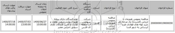 مناقصه عمومی همزمان با ارزیابی (فشرده) یک مرحله ای  خرید لوله های فولادی طرح آبرسانی به شهر فسا