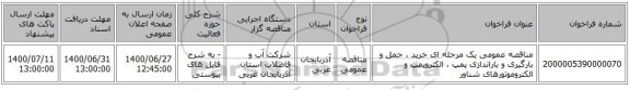مناقصه عمومی یک مرحله ای خرید ، حمل و بارگیری و باراندازی پمپ ، الکتروپمپ و الکتروموتورهای شناور 