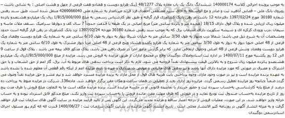 آگهی مزایده ششدانگ دانگ یک باب مغازه پلاک 48/1277