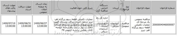 مناقصه عمومی یک مرحله ای عملیات تکمیلی قطعه سوم بزرگراه اهر- تبریز 