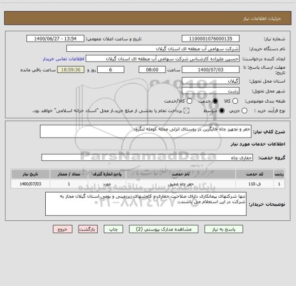 استعلام حفر و تجهیز چاه جایگزین در روستای انزلی محله کومله لنگرود