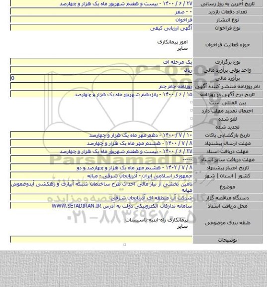 تامین بخشی از نیاز مالی احداث طرح ساختمان شبکه آبیاری و زهکشی آیدوغموش میانه