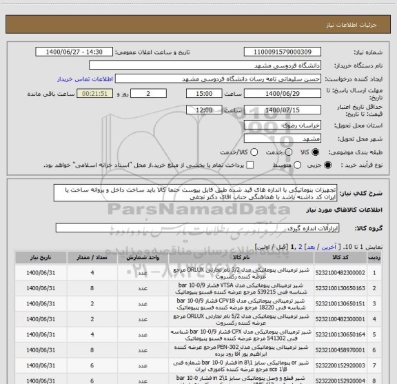 استعلام تجهیزات پنوماتیکی با اندازه های قید شده طبق فایل پیوست حتما کالا باید ساخت داخل و پروانه ساخت یا ایران کد داشته باشد با هماهنگی جناب اقای دکتر نجفی 