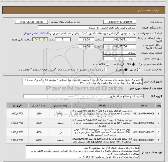 استعلام 4 قلم ورق طبق مشخصات پیوست. ورق آج دار 6 میلیمتر 50 برگ، ورق ساده 4 میلیمتر 50 برگ، ورق ساده 6 میلیمتر 30 برگ، ورق ساده 15 میلیمتر 25 برگ. ابعاد 2*1