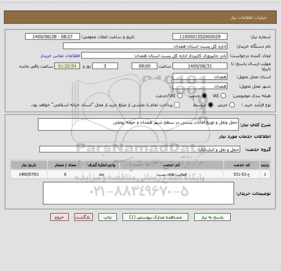 استعلام حمل ونقل و توزیع امانات پستی در سطح شهر همدان و حومه بوعلی
