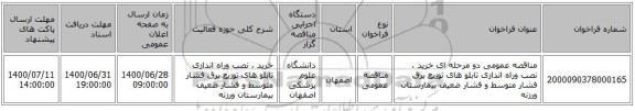 مناقصه عمومی دو مرحله ای خرید ، نصب وراه اندازی تابلو های توزیع برق فشار متوسط و فشار ضعیف بیمارستان ورزنه