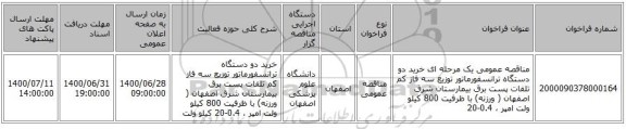 مناقصه عمومی یک مرحله ای خرید دو دستگاه ترانسفورماتور توزیع سه فاز کم تلفات پست برق بیمارستان شرق اصفهان ( ورزنه) با ظرفیت 800 کیلو ولت امپر ، 0.4-20 