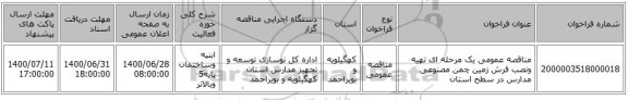 مناقصه عمومی یک مرحله ای تهیه ونصب فرش زمین چمن مصنوعی مدارس در سطح استان