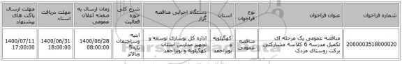 مناقصه عمومی یک مرحله ای تکمیل مدرسه 6 کلاسه مشارکتی برکت روستای  مزدک                                                        