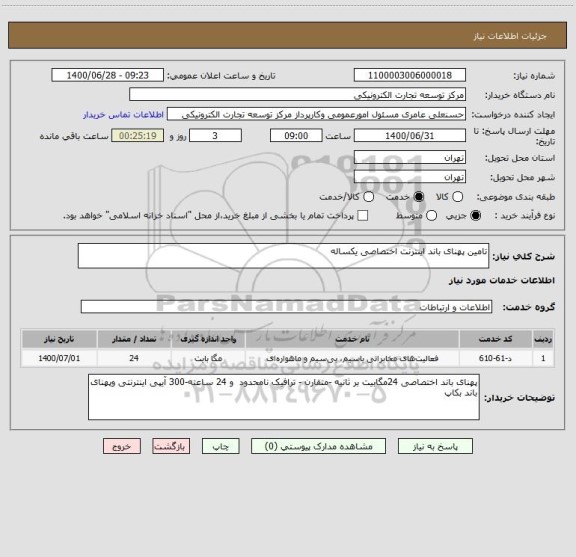 استعلام تامین پهنای باند اینترنت اختصاصی یکساله