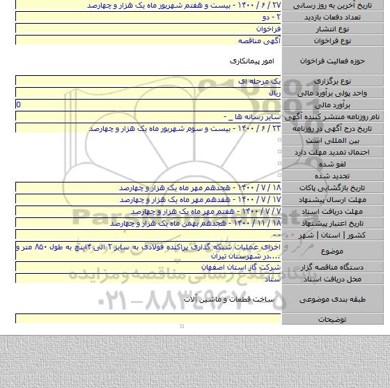 اجرای عملیات شبکه گذاری پراکنده فولادی به سایز ۲ الی ۴اینچ به طول ۸۵۰ متر و ....در شهرستان تیران